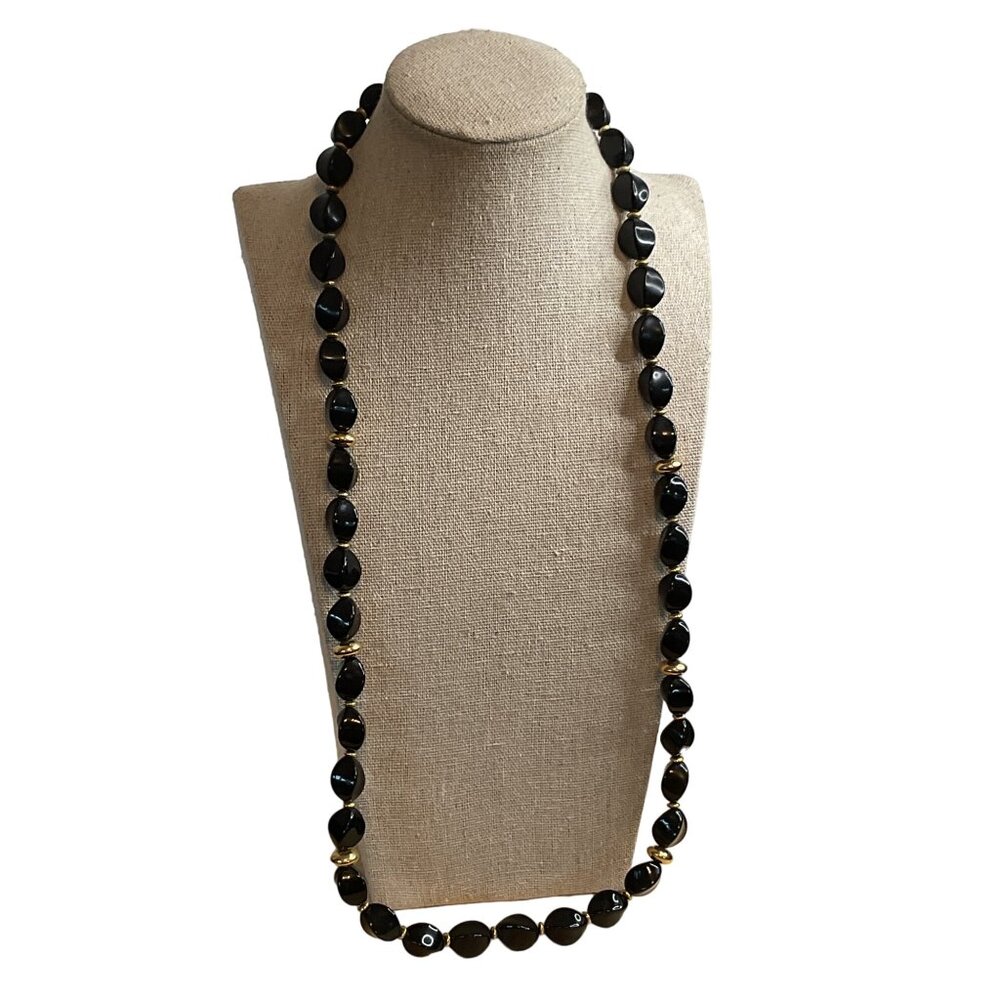 Napier Signed Black Acrylic Beaded Gold Tone Spacer Fashion Necklace